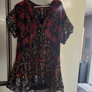Free People Black and Red Floral Blouse